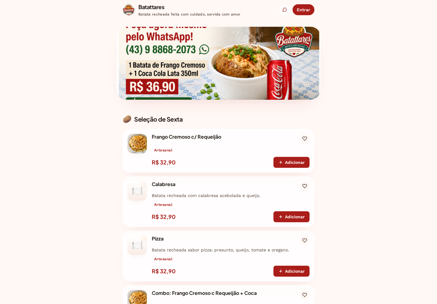 Cardápio da Batattares com batatas recheadas, combos e preços.