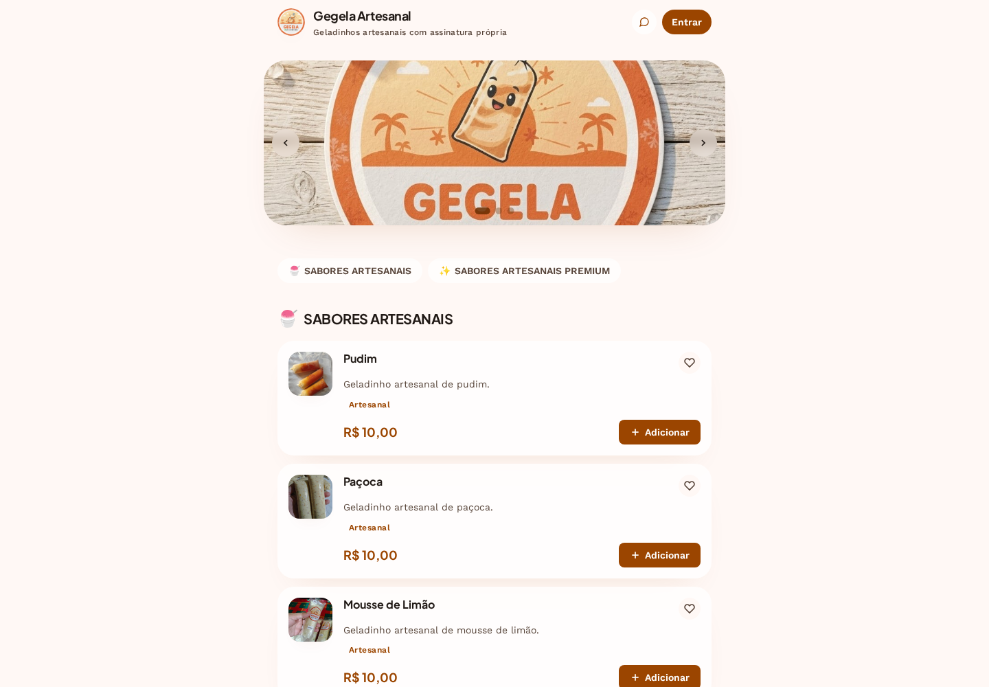 Cardápio da Gegela Artesanal com categorias de sabores e produtos.